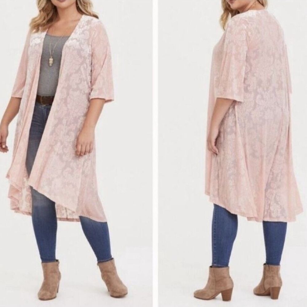Torrid Kimono Duster Womens Blush Pink Floral Burnout Velvet Open Front Longline